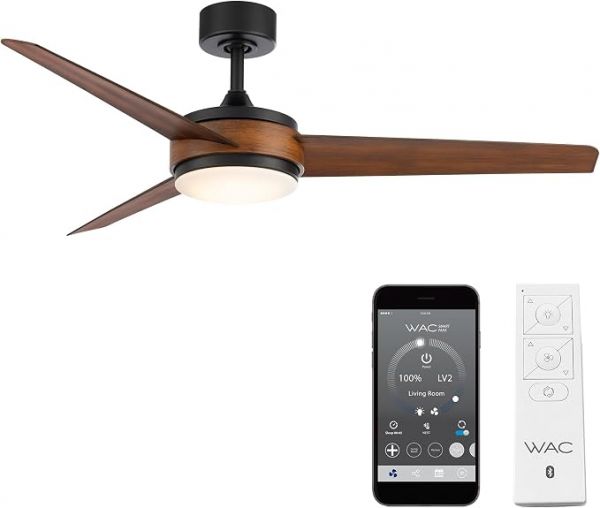WAC Lighting Mod 3-Blade 54 in. Indoor and Outdoor Smart Downrod Ceiling Fan with Remote Control - Integrated LED 3000K - Matte Black/Distressed Koa