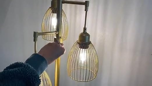 Dimmable Floor Lamp, Industrial Floor Lamps for Living Room, Gold Tree Lamp Standing Lamp Tall Lamps with 3 Elegant Teardrop Cage Head & 800 Lumens LED Bulbs for Living room Bedroom Office Dining Room