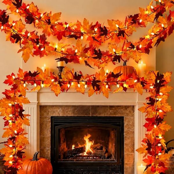 2Pack 9Ft 50 LED Maple Leaf Garland Battery Operated with Timer,8 Modes Waterproof Fall Decorations for Home Fall Garland with Lights for Fall Thanksgiving Table Harvest Home Indoor Decorations