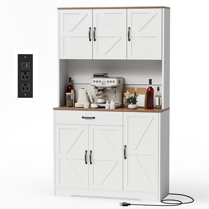 71" Pantry Cabinet with Charging Station, Large Capacity Kitchen Hutch Storage Cabinet, Kitchen Cabinet with Microwave Stand, Storage Drawers & Adjustable Shelves for Dining Room, White