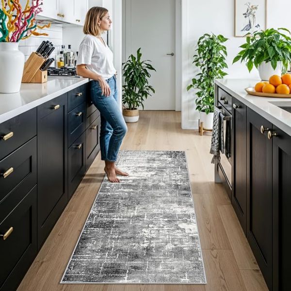 2x6 Hallway Washable Runner Rug : Vintage Soft Kitchen Laundry Runner with Non Slip Backing Farmhouse Entryway Living Room Floor Mat Stain Resistant Carpet for Bedroom Bathroom Distressed Beside Rug