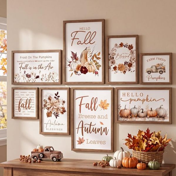 Faccito 8 Set Fall Wall Art Decor, Farmhouse, Hello Fall Pumpkin, Wooden