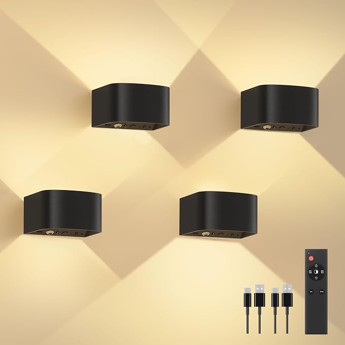FULEN 4 Pack Motion Sensor Wall Lamp with Remote Control 3 Colors Wireless Wall Light LED Indoor Up and Down Wall Sconce 5000mAh Rechargeable Battery Powered Wall Lamps Brightness Adjustable,Black