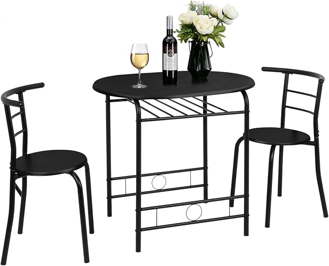 VINGLI 3 Piece Dining Set,Small Kitchen Table Set for 2,Breakfast Table Set,Kitchen Wooden Table and 2 Chairs for Small Space/Dining Room/Apartment,Metal Frame,Wine Rack,Black