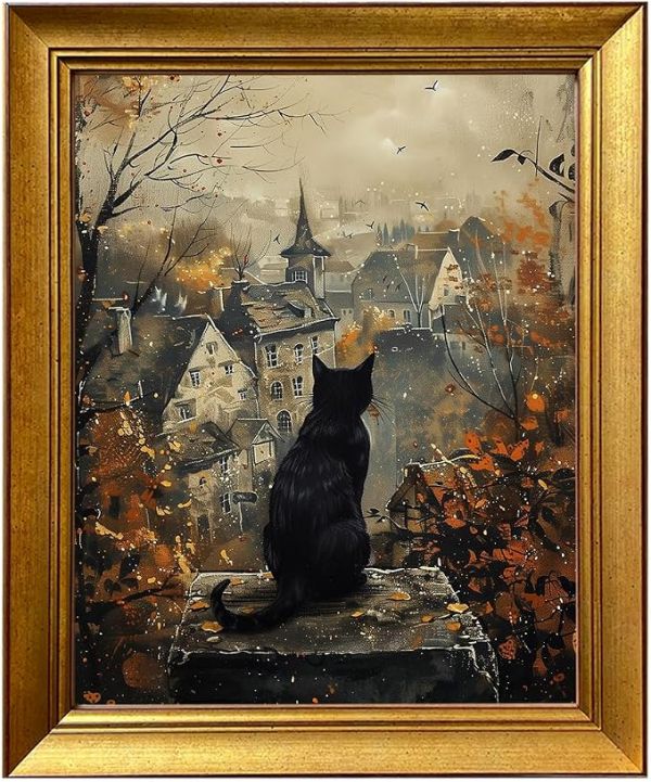 Black Cat Thinking Wall Art Autumn Town Painting Vintage Gold Framed Spooky Halloween Print Fall Picture Wall Decor for Home