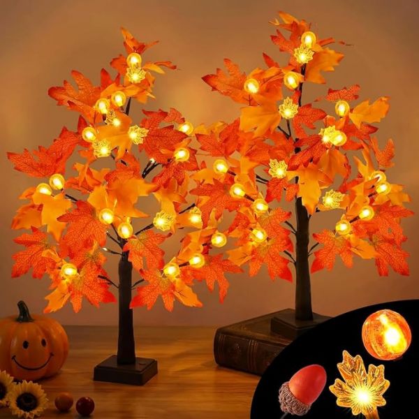 2Pack Fall Lighted Tree with 48 LEDs Battery Operated,Fall Decorations Light Up Artificial Pumpkins Maple Acorn Tree for Fall Thanksgiving Table Harvest Home Indoor Decoration (18inch)