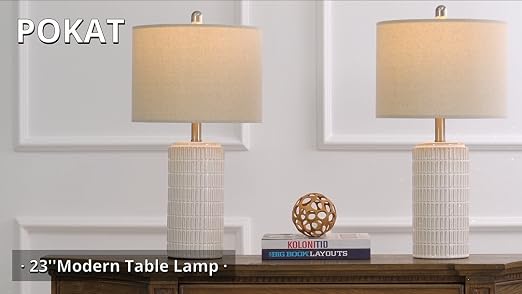 PoKat 23" Modern Ceramic Table Lamp Set of 2 for Living Room Bedroom, White