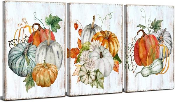 Pumpkin Decor Wall Art Halloween Themed Canvas Wall Decor for Kitchen Bedroom Living Room Home Decorations Fall Festival Party Pictures Farmhouse Autumn Harvest Posters Modern Artworks 12x16" 3 Pcs