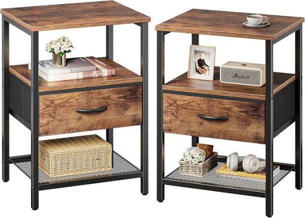 Huuger Nightstand Set of 2, Night Stand with Fabric Drawer, Mesh Shelf