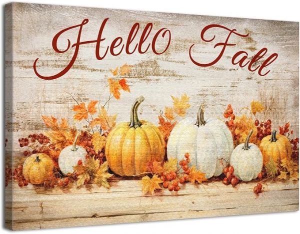 Rustic Pumpkin Wall Art Hello Fall Pictures Wall Decor for Kitchen Dinner Room Farmhouse Canvas Prints Watercolor Pumpkins Maple Leaves Autumn Fall Posters Halloween Artwork Home Decorations 12x16"