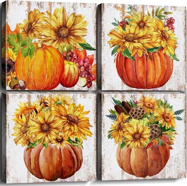 Rustic Fall Pumpkin Wall Art Farmhouse Autumn Sunflower Pictures Kitchen Wall Decor Vintage Harvest Seasonal Artwork Living Room Canvas Prints Thanksgiving Home Decoratinon Ready to Hang 12x12 Pcs