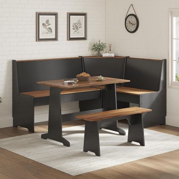 3-Piece Corner Dining Set with Hidden Storage, Black Oak
