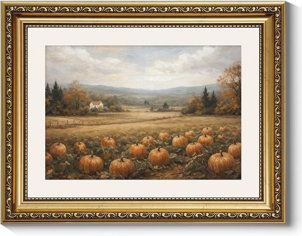 ARPEOTCY Gold Framed Canvas Art, Vintage Fall Decor, 11x14 Inch, Retro Landscape Pumpkin Farm, Neutral Autumn Countryside Decor, Rustic Farmhouse Wall Art for Living Room Kitchen