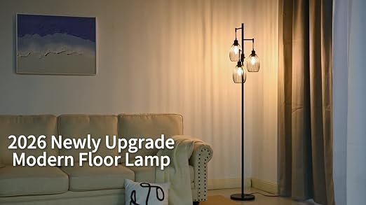 Dimmable Floor Lamp, 3 x 800LM LED Edison Bulbs Included, Farmhouse Industrial Floor Lamp Standing Tree Lamp with Elegant Teardrop Cage Tall Lamps for Living Room Bedroom Office Dining Room-Black