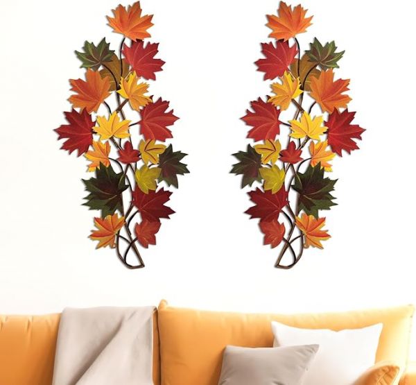 MorningRo 2 Pcs Fall Wall Decorations for Home Metal Leaf Wall Art, Bright