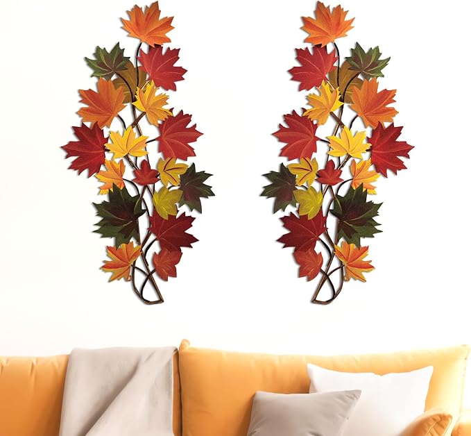 MorningRo 2 Pcs Fall Wall Decorations for Home Metal Leaf Wall Art, Bright